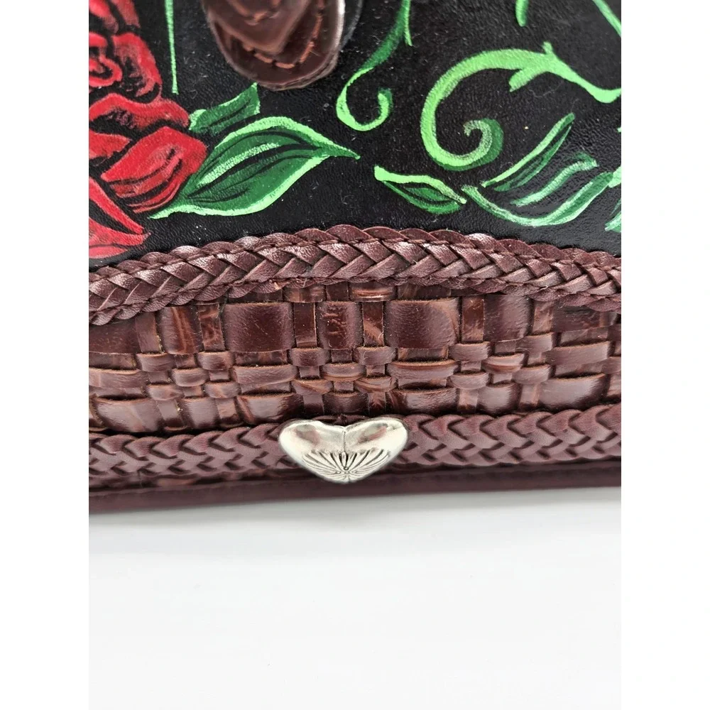 Vintage Black Brown Roses Handpainted Satchel Bag  Upcrafted Braided Woven Heart